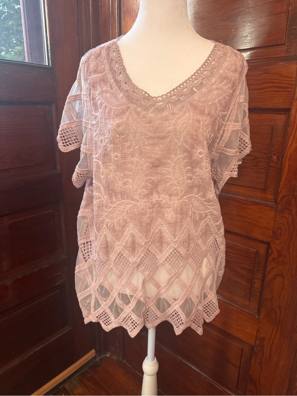 Sacred Threads Dusty Blush Lace V-Neck Crochet Tunic